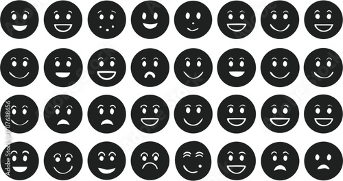 Arrangement of thirty five black circle emoticons displaying various facial expressions and emotions