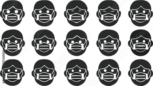 Fifteen black and white face icons wearing masks in a grid pattern for health and safety awareness