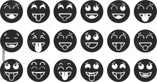 Illustration of a collection of black emoji faces with various expressions and tongue out gestures in rows