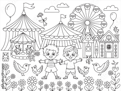 Carnival fun coloring page with boys reading storybook surrounded by festive circus rides