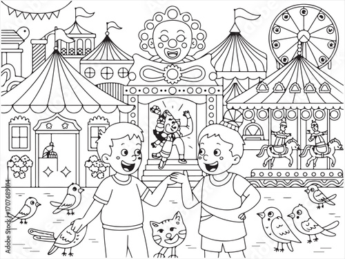 Whimsical amusement park line art with children, animals, rides, and playful fairground