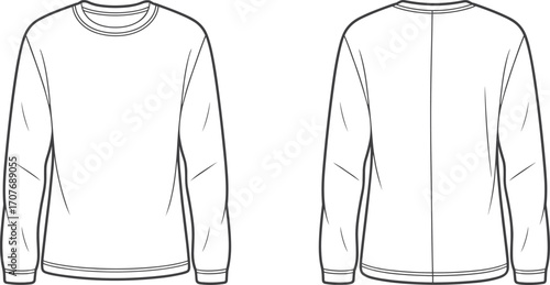 Men's long sleeve t-shirt, casual basic shirt, front and back views, crew neck design, fashion flat sketch, apparel template