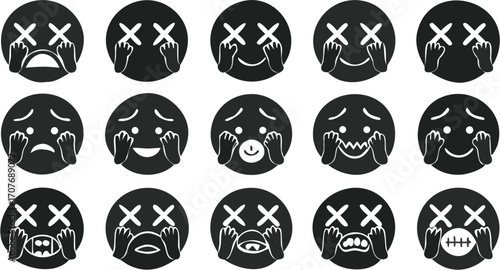 A collection of fifteen black and white emojis with hands near their faces expressing various emotions