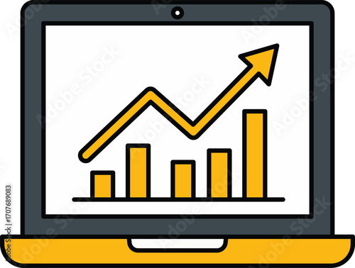 Laptop displaying a rising bar graph and upward trending line chart computer screen