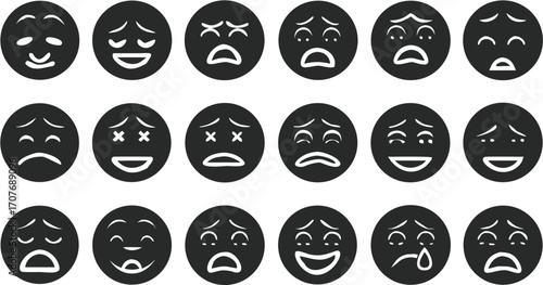 Collection of black and white emoji icons displaying various emotions and facial expressions in a grid layout