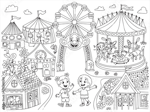 Children reading book at amusement park coloring page with carnival rides, circus tents, ferris wheel, carousel, animals, and festive fairground background illustration for kids activity