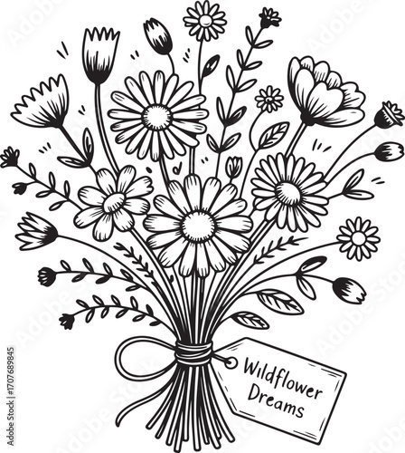 Whimsical Wildflower Bouquet Line Art Illustration