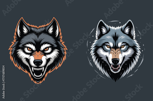 Fierce wolf heads aggressive snarling canine animal