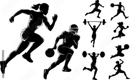 "Female Athlete Silhouettes – Running, Fitness, and Weightlifting"