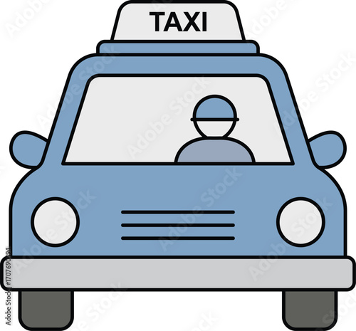 Flat illustration of a blue taxi cab with driver and TAXI sign transportation vehicle