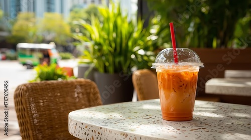 cup of thai iced tea on the table in cafe