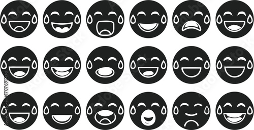 Collection of black and white crying laughing emoji faces in a grid arrangement with varying expressions