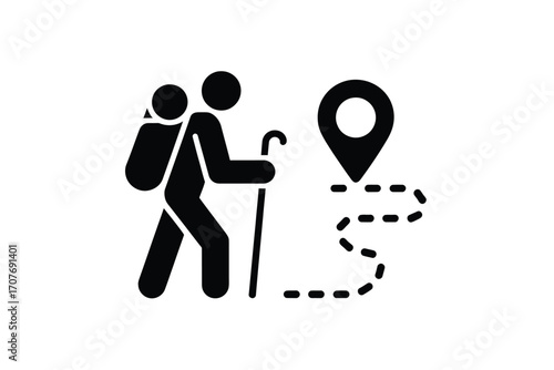 Hiker with backpack and trekking pole follows a dotted path to a location pin