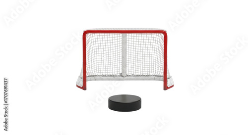 Photography Isolated Ice hockey net and puck on floor of arena, hockey equipment on clear ba