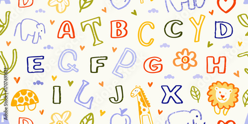Whimsical hand drawn alphabet letters and cute animals pattern for childrens education and design