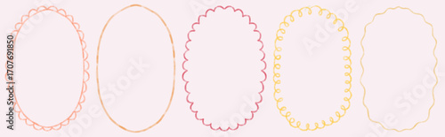 Frame decoration background set. Cute wavy lace and curly wedding decor. Vector hand drawn oval, round and rectangle vintage border set. Elegant classic line decorations with zigzag and whimsy edges.