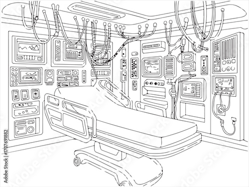 Hospital ICU coloring page with medical equipment, monitors, wires, and patient bed in black and white line art style for kids and adults, printable activity sheets, healthcare illustration, and educa