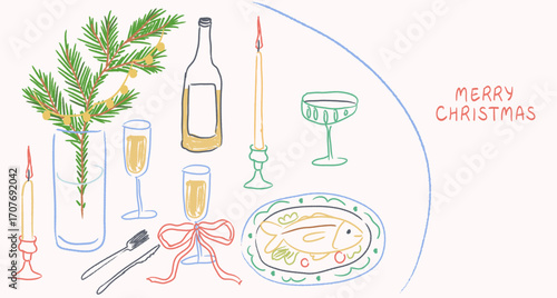 Modern horizontal poster placard with colored wax crayon line food, drinks and Christmas tree drawings. Chalk marker illustration of served new year dinner table for greeting cards or party invitation