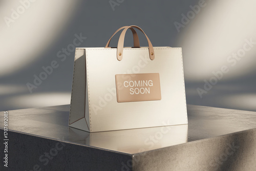 Elegant retail shopping bag with 'Coming Soon' message creates anticipation for new product launches and exciting sales events