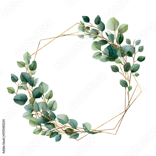 Watercolor eucalyptus leaves frame a geometric arch, perfect for delicate and natural designs.