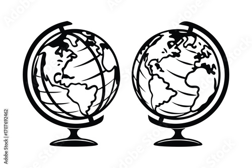 Two globe models in black outline each on its stand are displayed here