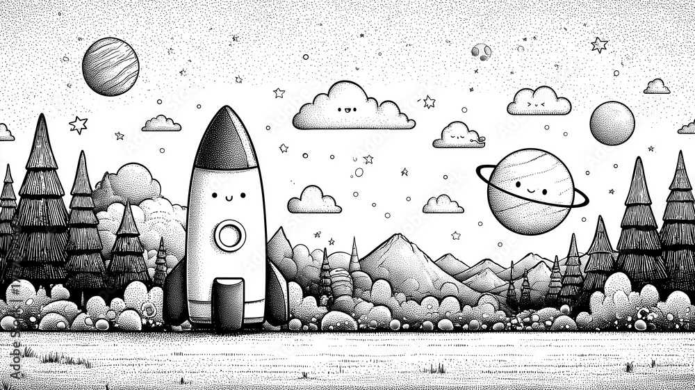 Naklejka premium Kolorowanki dla dzieci – kosmos, planety, rakiety i astronauci do kreatywnego malowania i zabawy edukacyjnej