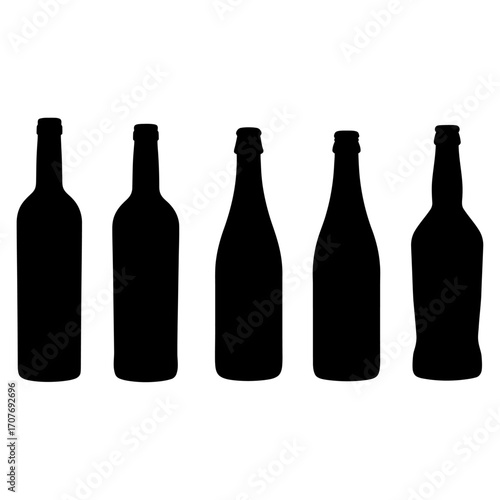 A diverse collection of alcoholic beverage bottle silhouettes, including wine, beer, and champagne shapes