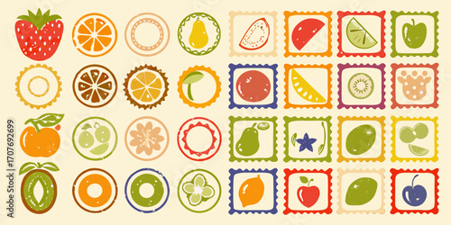 A colorful collection of fruit stamps and circular fruit designs arranged in a grid pattern