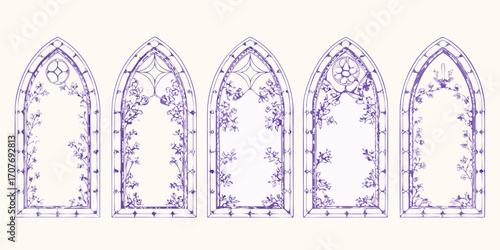 Gothic arched window frames with delicate floral vine illustrations in purple ink