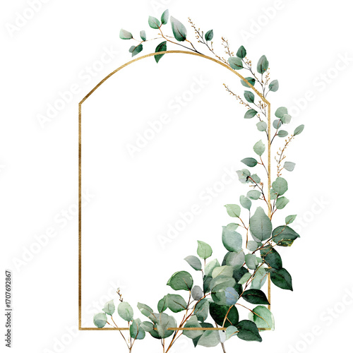 Elegant golden arch frame featuring soft watercolor greenery sprigs for decorative purposes.