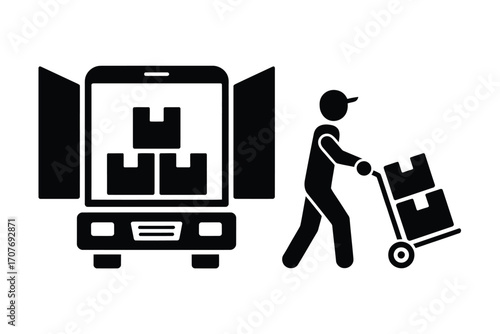 Delivery driver loading boxes into a truck with a hand cart