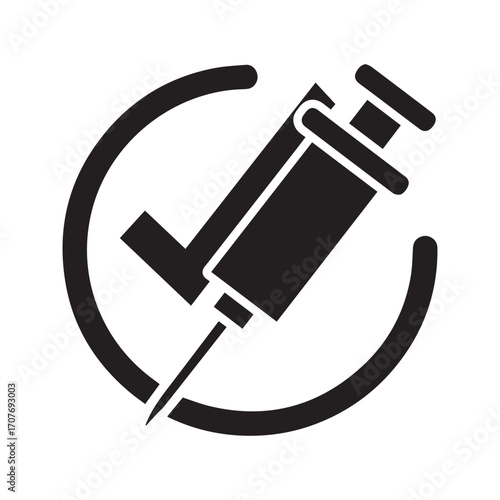 Vaccinated icon, syringe with check mark glyph. Approved vaccination, successful immunization, or completed injection symbol.
