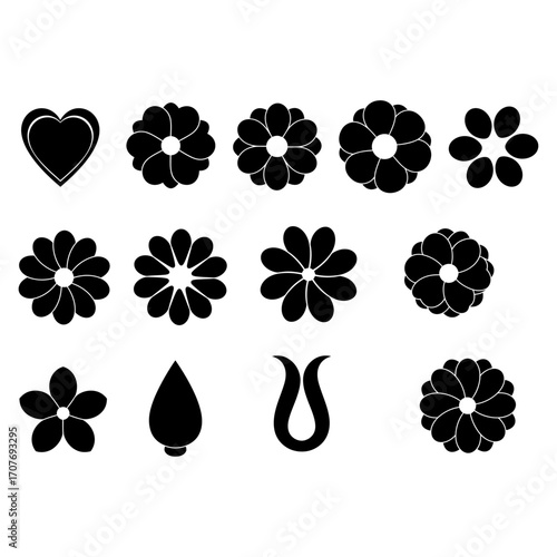 Black floral shapes collection for design elements in flower arrangements and decoration crafts