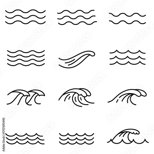 Collection of Stylized Line Art Water Waves Icons Representing Fluidity and Movement in a Graphic Design Context