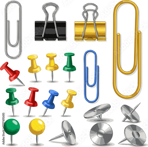 A realistic vector illustration set of common office supplies, featuring various push pins, thumbtacks, binder clips, and paper clips isolated on white