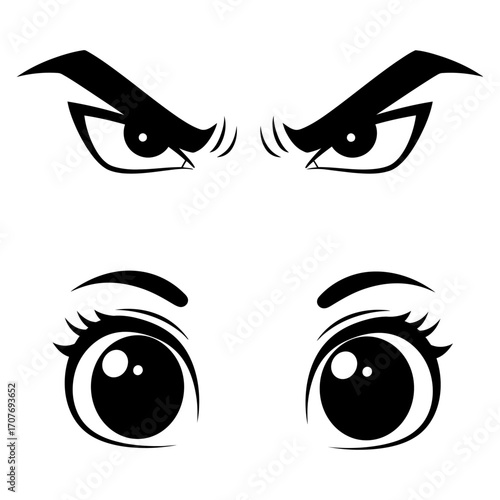 Monochrome vector graphic set of contrasting cartoon eyes showing an angry evil glare and a cute gaze