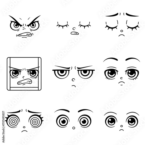 Collection of isolated cartoon manga style eyes showing various emotions from angry to sad in line art