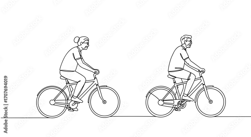 Fototapeta premium Two cyclists riding bicycles in line art style on a transparent background