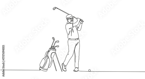 Golfer executing a swing with a golf club, standing next to golf bag, line style, transparent background  