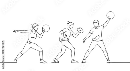 Three athletes engaged in dynamic fitness exercises with weights in line style, transparent background, depicting strength and energy in a vibrant workout 