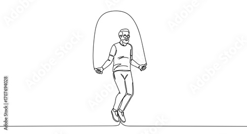 Person jumping rope in line style on a transparent background, fitness activity concept  