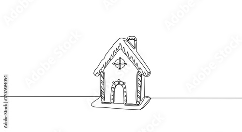 Gingerbread house in line drawing style with simple details and white background