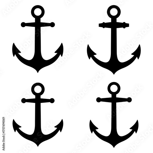 A Quartet of Nautical Anchors Black Silhouettes Against a White Canvas, Symbolizing Stability and Hope