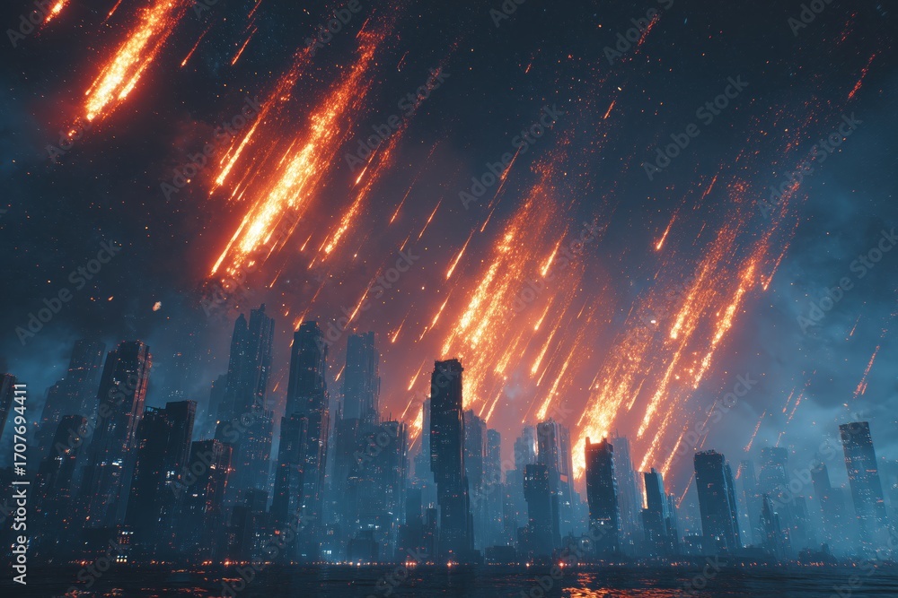 Fototapeta premium Fiery Meteor Shower Over Futuristic Cityscape