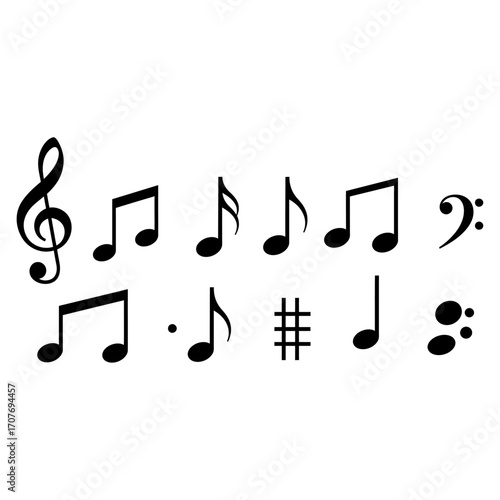Simple black musical notes and symbols icon set. Vector collection of sound notation elements for design