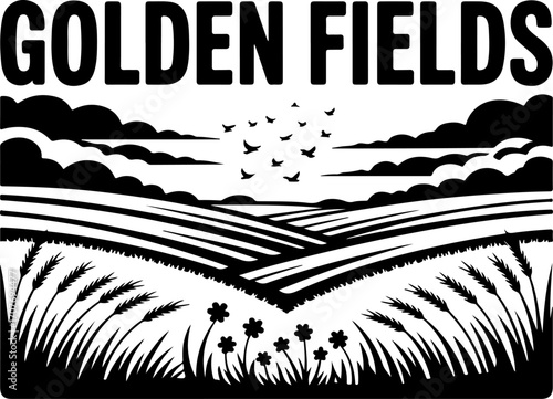 "Rural Landscape Silhouette – Fields, Crops, and Nature Scene"