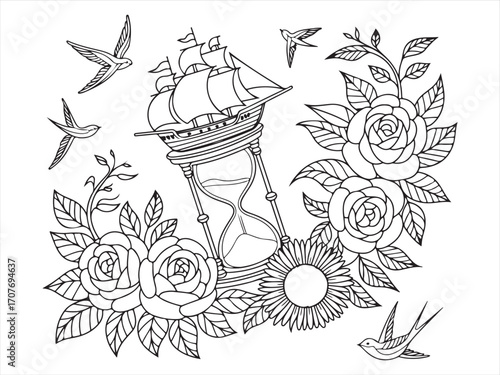 Nautical ship hourglass drawing with ornate roses and birds in line style