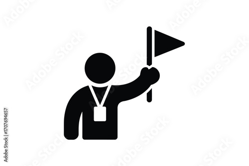 Tour guide holding a flag and wearing an id badge