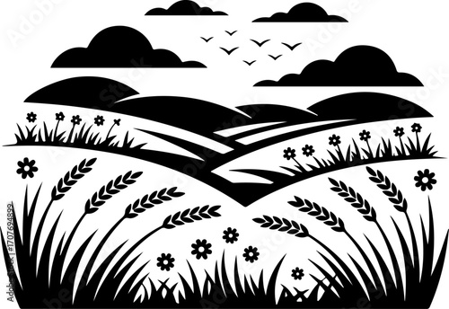 "Rural Landscape Silhouette – Fields, Crops, and Nature Scene"