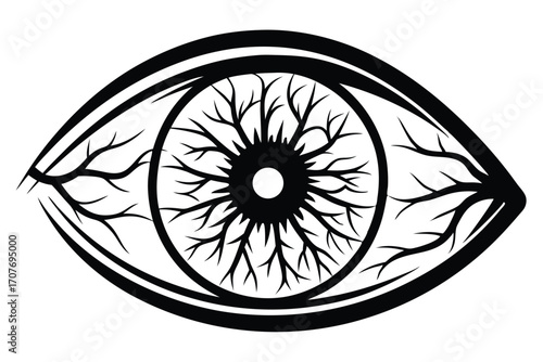 Veined eye featuring a black illustration exhibiting intricate vascular detail across its surface